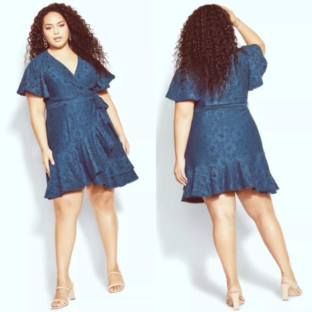 NWT City Chic Jewel Blue Faux Wrap Lace Short Sleeve Dress 20